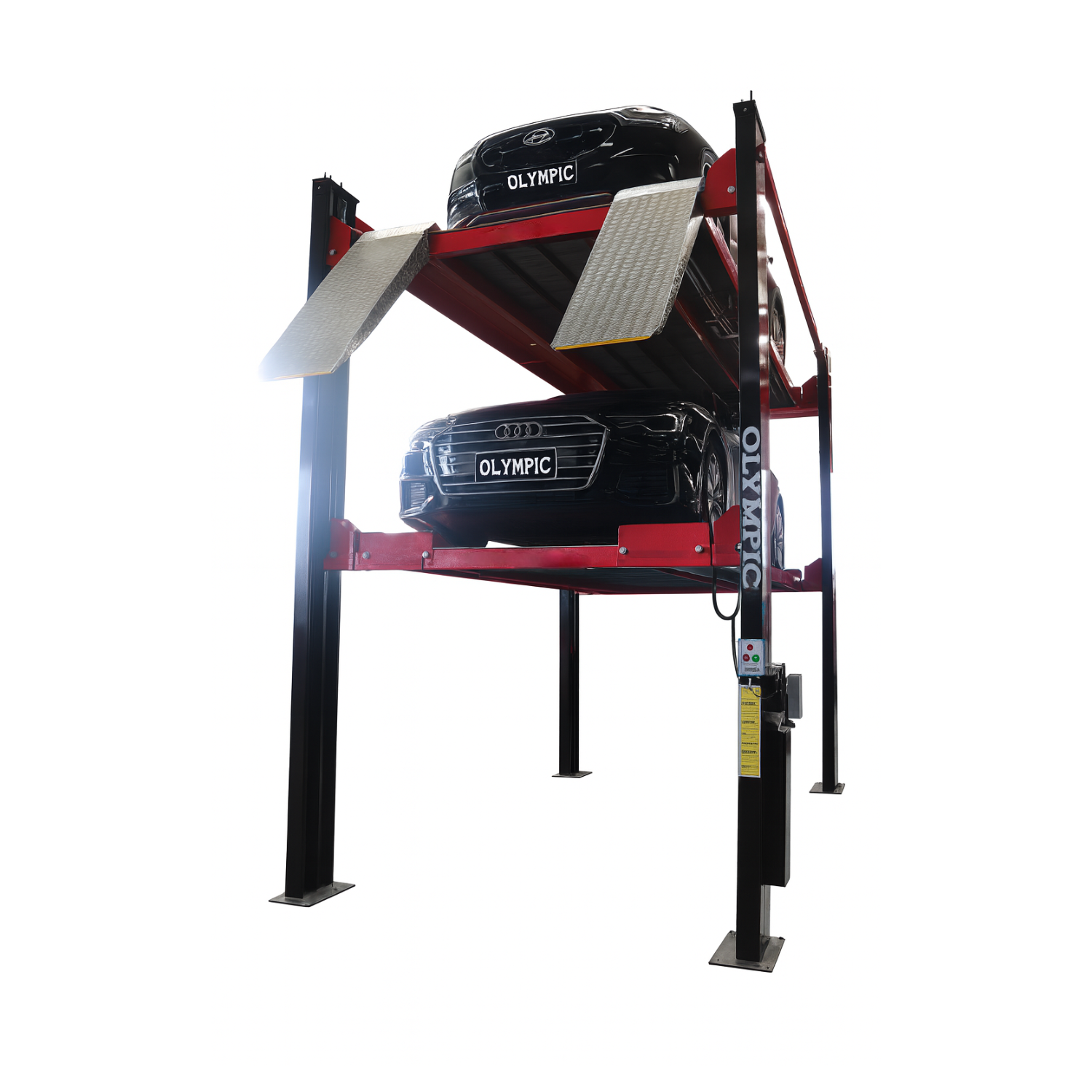 Model: Olympic 4P-4032XL / Three Level 3-Car Stacking Lift / 9,000 and 7,000 Lb. Capacity / Extended Length, Width & Height / 256″ L X 114″ W / 10-Year Warranty / SHIPS FREE