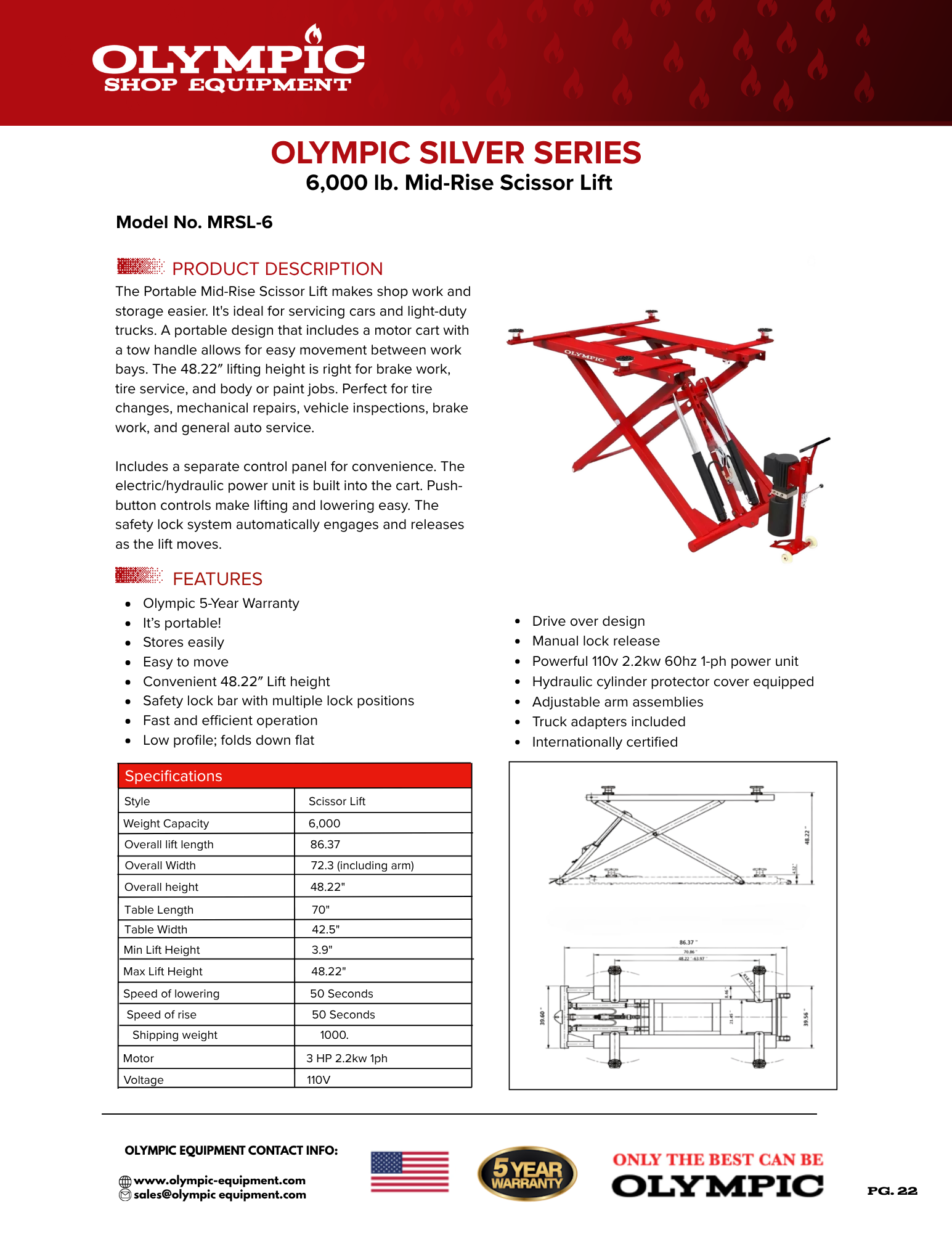Model: Olympic MRSL-6 / Mid-Rise Scissor Lift / 6,000 LB Capacity Portable / 5-Year Warranty / SHIPS FREE!