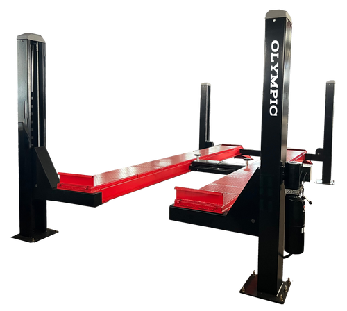 Model: Olympic 4PHDXLA-15 / Open Front Alignment Lift / 15,000-lb. Capacity Car & Truck Maintenance / Adjustable Runway / Turntables / Slip Plates / 138″ W X 246″ L / 10-Year Warranty / SHIPS FREE! OLYMPIC EQUIPMENT