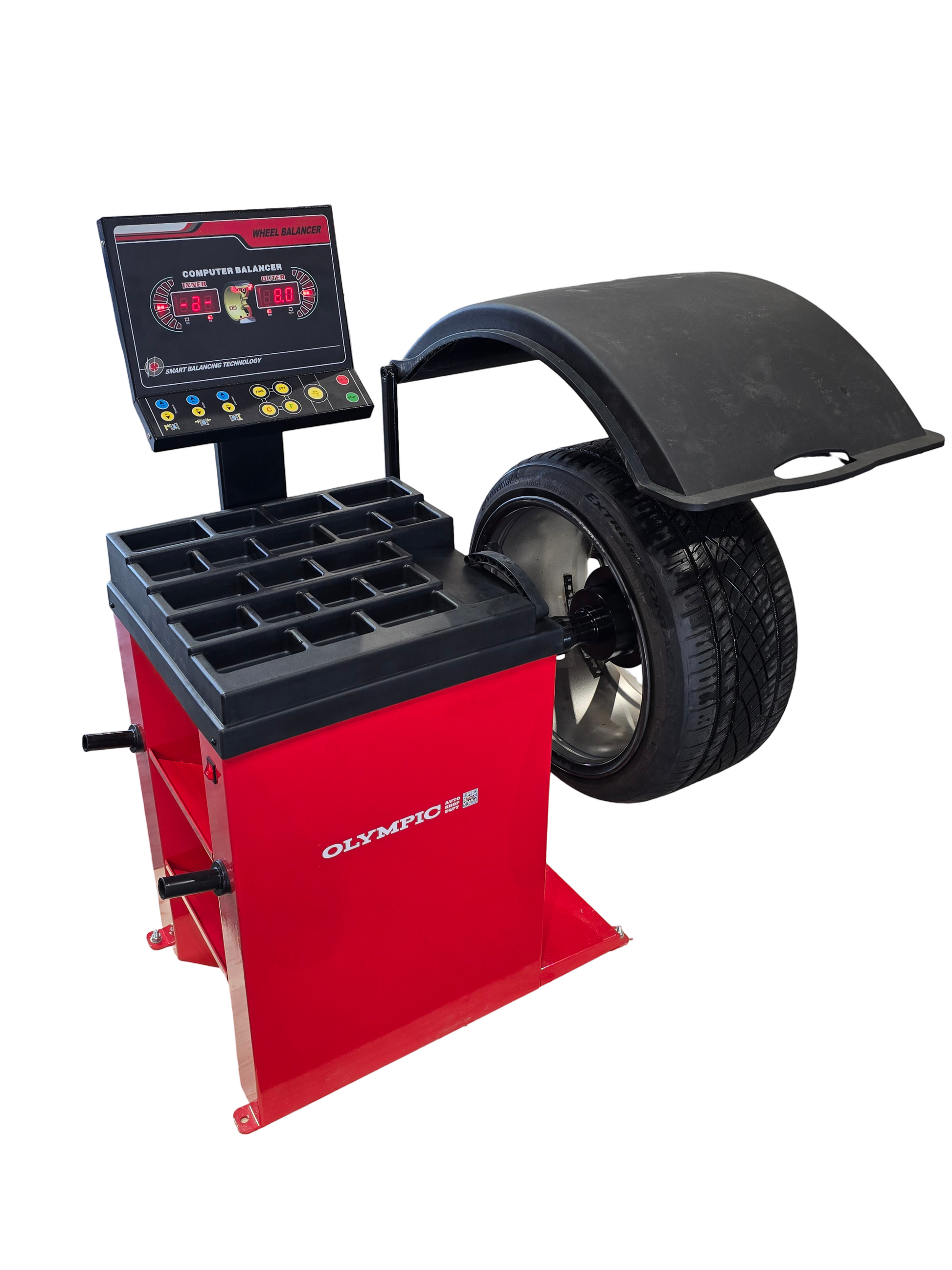 Model: W820 / The Olympic W820 Direct Drive Wheel Balancer / Computerized / Laser Equipped / 2D LCD Display / Motorized Shop Wheel Balancing Machine / 3-Year Warranty