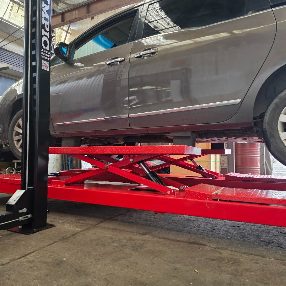 Model: Olympic 4PXL-10B / “The Dually” Portable lift with Built-in Scissor Jacks 10,000 lb. Maintenance & Storage Lift / Adjustable Width Runway / 84″ Storage Space / 125″ Between Posts / 229″ Platform Length / 10-Year Warranty / SHIPS FREE!