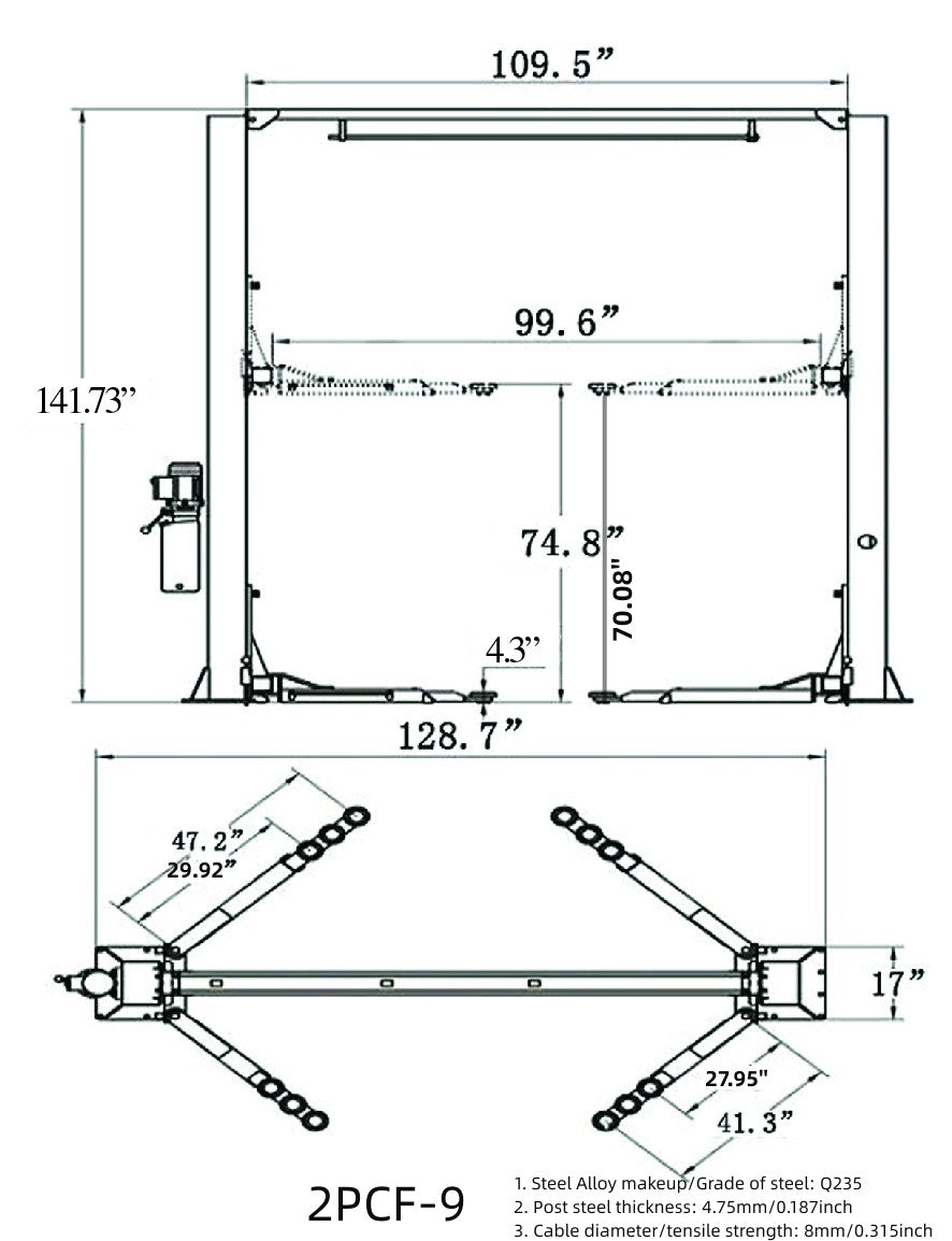 Model: Olympic 2PCF-9 / 9,000‐lb. / Symmetric Post Clear floor / Dual Point Lock Release / 2-Stage Arms / 2-Stage Foot Pads / 142″ H X 129″ W / 10-Year Warranty / SHIPS FREE!