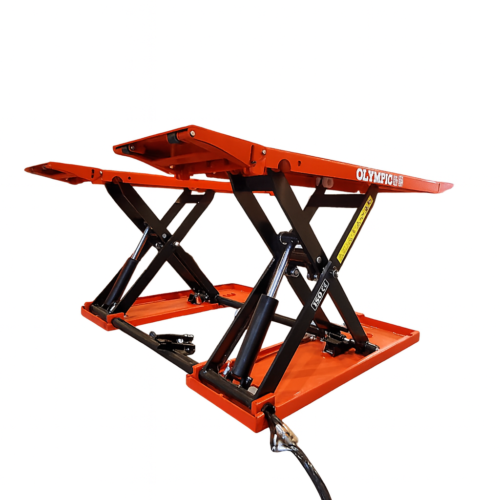 Model: Olympic MRSL-75 / 7,500 Portable Mid-Rise Scissor Lift / Dual Cylinders / Pneumatic Lock Release / 7-Year Warranty / SHIPS FREE!