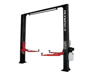 Model: Olympic 2PCF-9 / 9,000‐lb. / Symmetric Post Clear floor / Dual Point Lock Release / 2-Stage Arms / 2-Stage Foot Pads / 142″ H X 129″ W / 10-Year Warranty / SHIPS FREE!