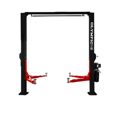 Model: Olympic 2PCFXL-10 / 10,000‐lb. / Symmetric Clear floor / Single Point Lock Release / 3-Stage Arms / 3-Stage Foot Pads / 153″ H X 135″ W 10-Year Warranty / SHIPS FREE!