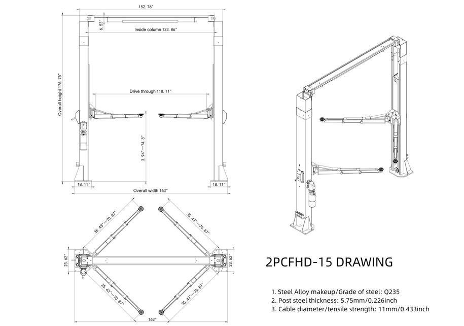 Model: Olympic 2PCFHD-15 / 15,000‐lb. HDXL / Symmetric Post / Clear floor / Single Point Lock Release / Long Reach Extension Arms / 10-Year Warranty / SHIPS FREE!