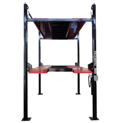 Model: Olympic 4P-4032XL / Three Level 3-Car Stacking Lift / 9,000 and 7,000 Lb. Capacity / Extended Length, Width & Height / 256″ L X 114″ W / 10-Year Warranty