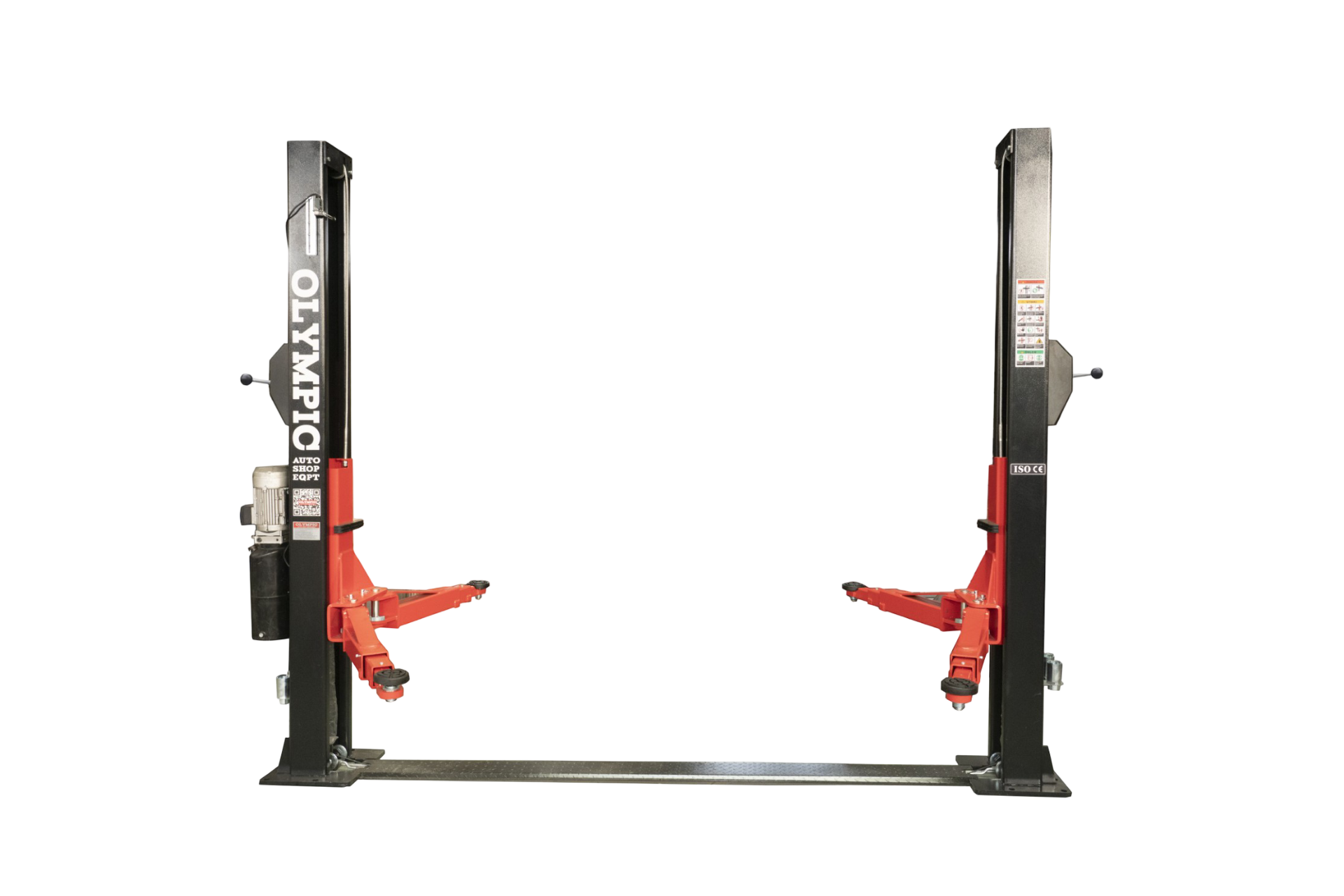 Model: Olympic 2PBPXW-10 / 10,000‐lb. / Extra Wide Base Plate 2-Post Lift / Single Point Lock Release / 3-Stage Arms / 3-Stage Foot Pads / 110″ H X 137″ W 10-Year Warranty / SHIPS FREE!