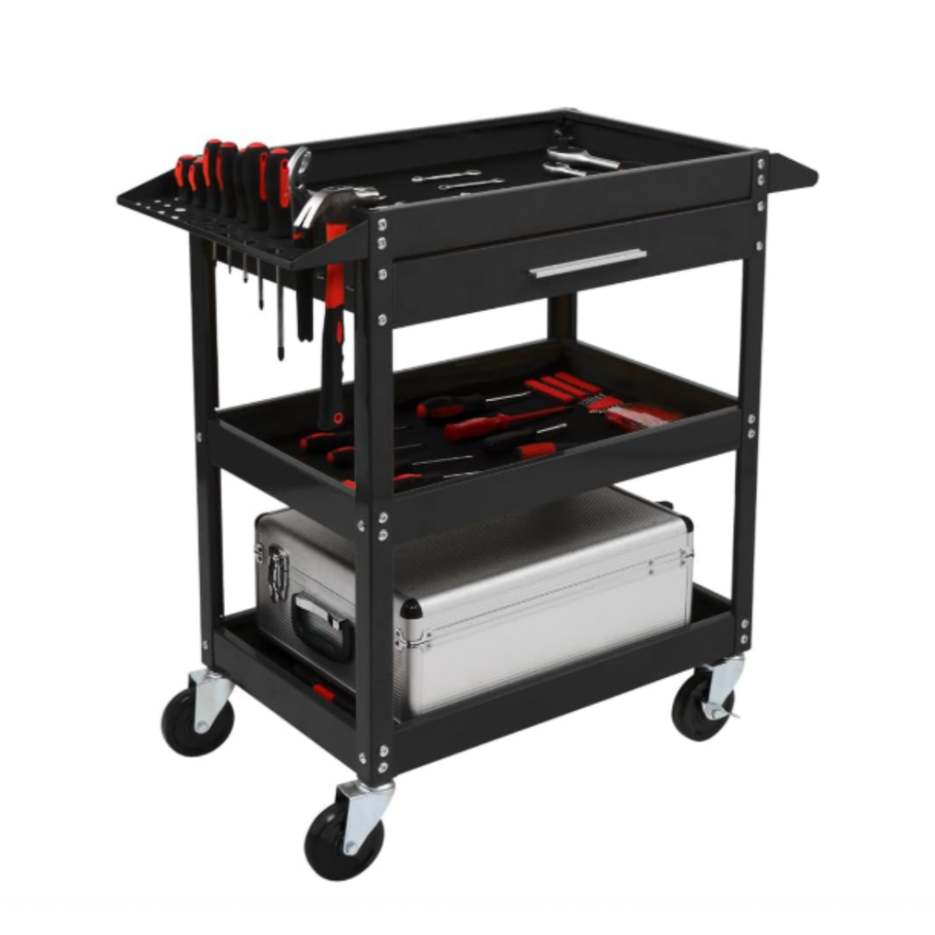 TC-330: 3 Tier Rolling Tool Cart with Drawer, Tool Service Cart on Wheels w/2 Brake, 330 LBS Capacity