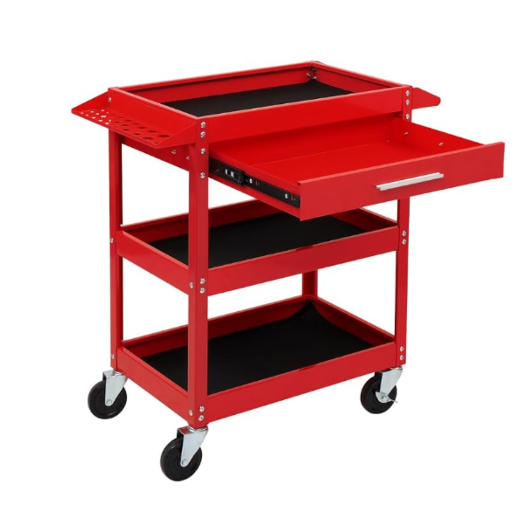 TC-330: 3 Tier Rolling Tool Cart with Drawer, Tool Service Cart on Wheels w/2 Brake, 330 LBS Capacity
