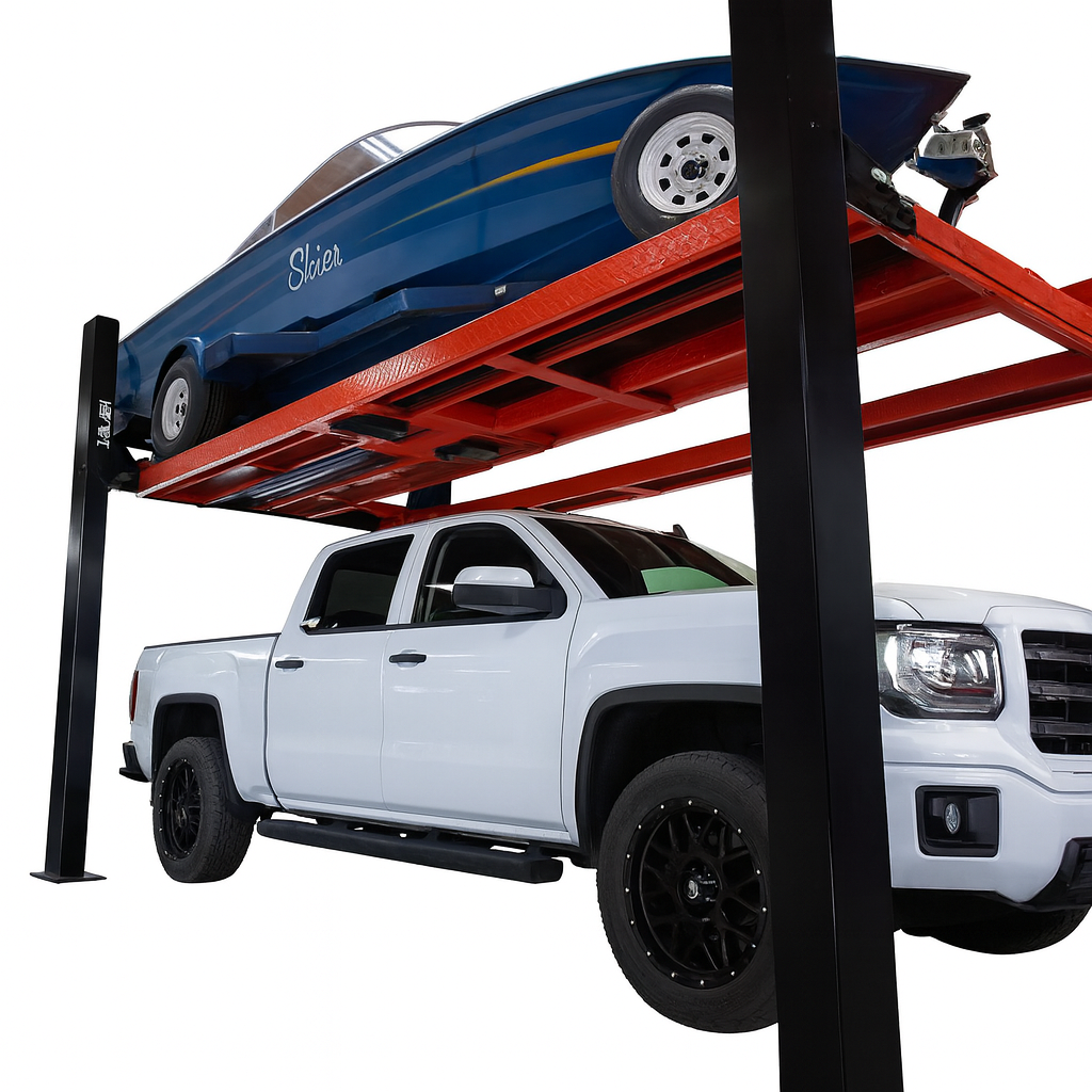 Model: Olympic HDMBL-10 "The Skipper" Portable Boat & Trailer Storage Lift / Extra Wide / Extra Long / Adjustable Width Runway / Sliding Hitch Wheel Rest / 84″ Storage Space / 125″ Between Posts / 195″ Platform Length / 10 Year Warranty / SHIPS FREE!