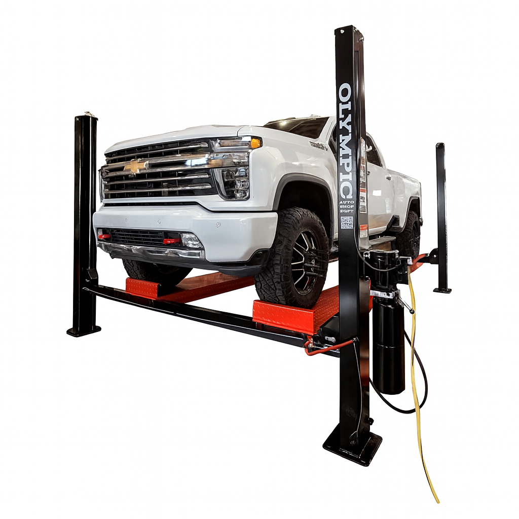 Model: Olympic 4PXL-10 / “The Dually” Portable 10,000 lb. Maintenance & Storage Lift / Adjustable Width Runway / 84″ Storage Space / 125″ Between Posts / 229″ Platform Length / 10-Year Warranty / SHIPS FREE!