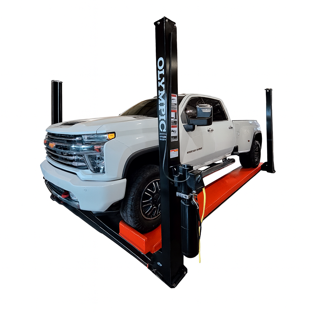 Model: Olympic 4PXL-10 / “The Dually” Portable 10,000 lb. Maintenance & Storage Lift / Adjustable Width Runway / 84″ Storage Space / 125″ Between Posts / 229″ Platform Length / 10-Year Warranty / SHIPS FREE!