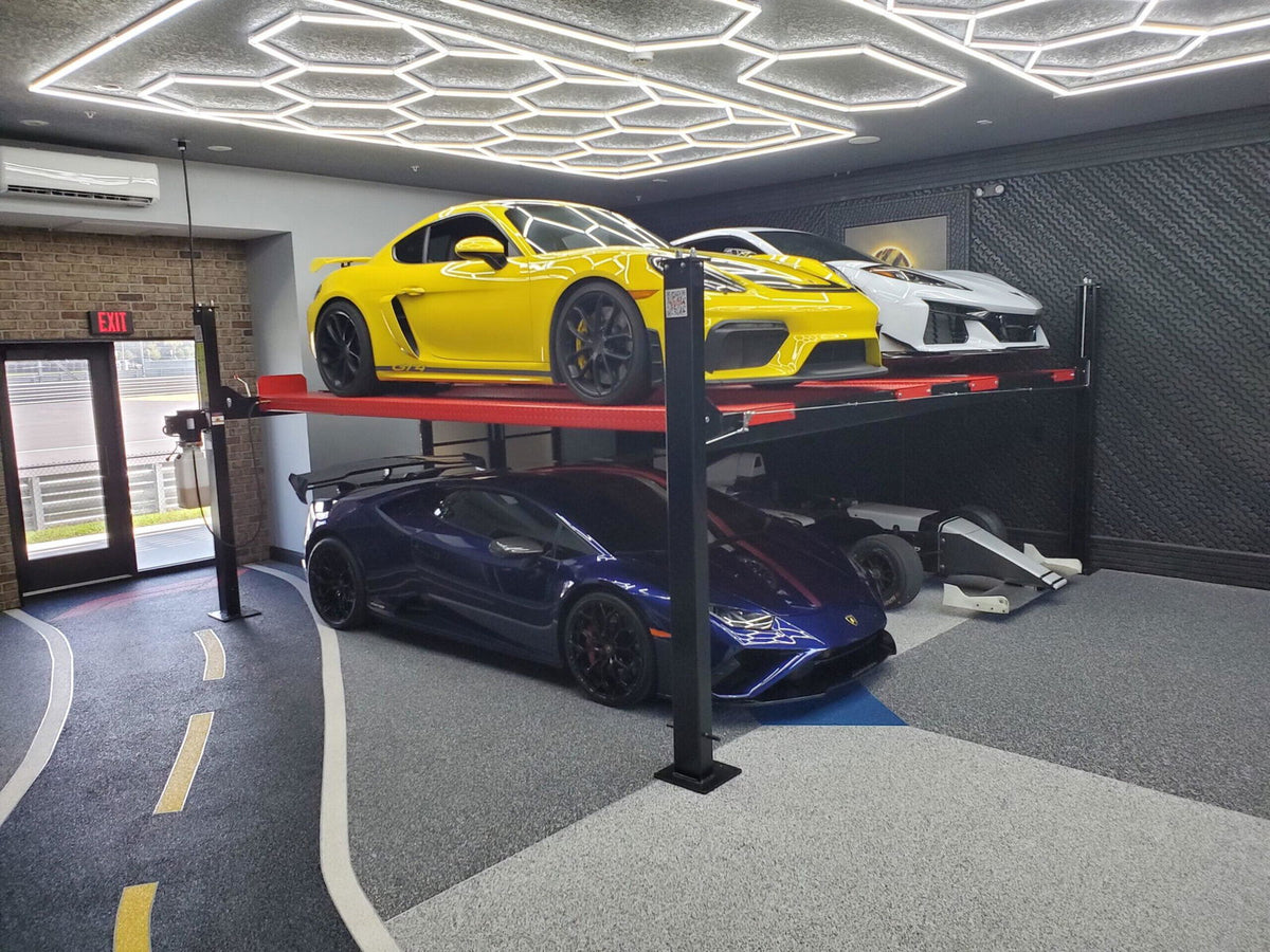Olympic 4PXW-10 10,000 lb 4-Post Car Stacking Lift – 4-Vehicle Storage Lift with 78″ Clearance & 173″ Drive-Through Width