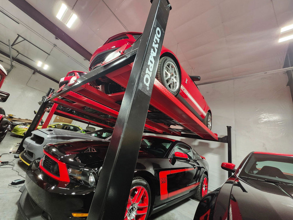 Olympic 4PXW-10 10,000 lb 4-Post Car Stacking Lift – 4-Vehicle Storage Lift with 78″ Clearance & 173″ Drive-Through Width