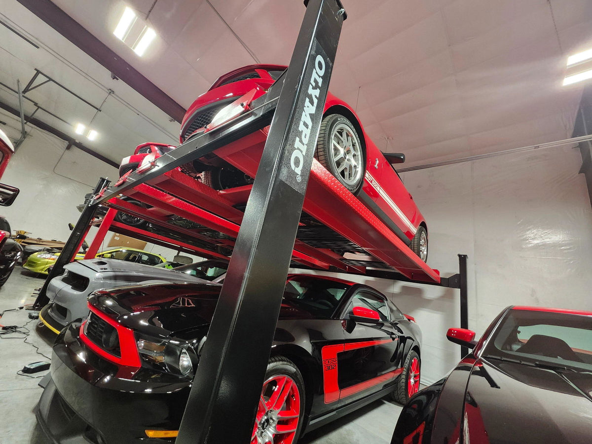 Olympic 4PXW-10 10,000 lb 4-Post Car Stacking Lift – 4-Vehicle Storage Lift with 78″ Clearance & 173″ Drive-Through Width