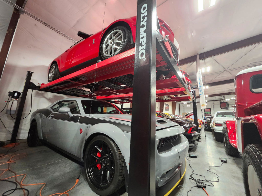 Olympic 4PXW-10 10,000 lb 4-Post Car Stacking Lift – 4-Vehicle Storage Lift with 78″ Clearance & 173″ Drive-Through Width