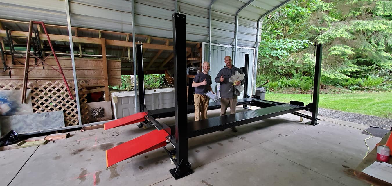 Model: 4PML-8A / 8,000 lb. Gold Series Portable Vehicle Storage Lift / Caster Arms / Drip Trays / Tool Tray / 10-Year Warranty / 108″ W X 198″ L