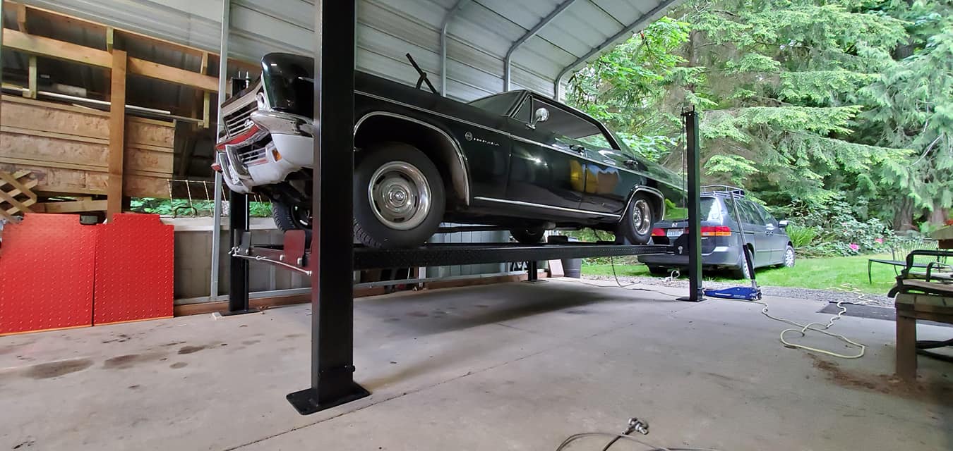 Model: 4PML-8A / 8,000 lb. Gold Series Portable Vehicle Storage Lift / Caster Arms / Drip Trays / Tool Tray / 10-Year Warranty / 108″ W X 198″ L
