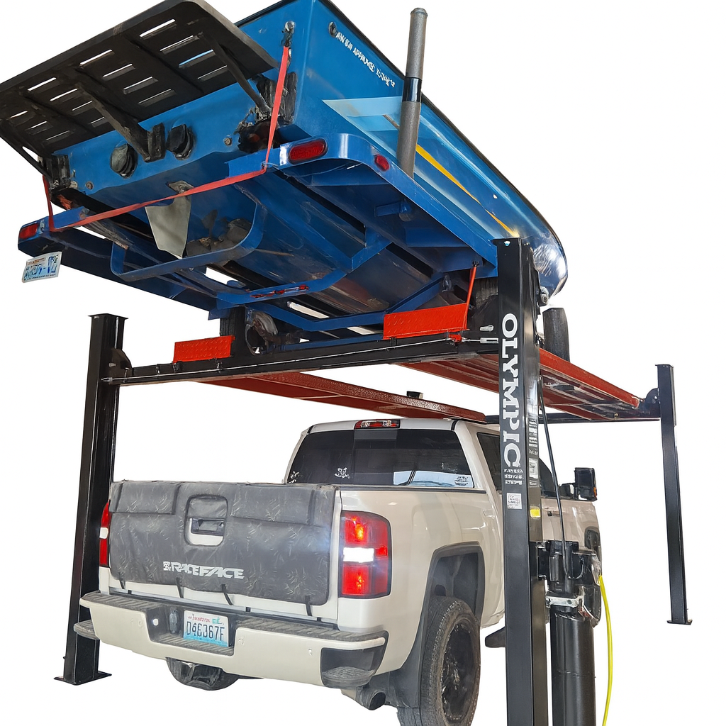 Model: Olympic HDMBL-10 "The Skipper" Portable Boat & Trailer Storage Lift / Extra Wide / Extra Long / Adjustable Width Runway / Sliding Hitch Wheel Rest / 84″ Storage Space / 125″ Between Posts / 195″ Platform Length / 10 Year Warranty / SHIPS FREE!