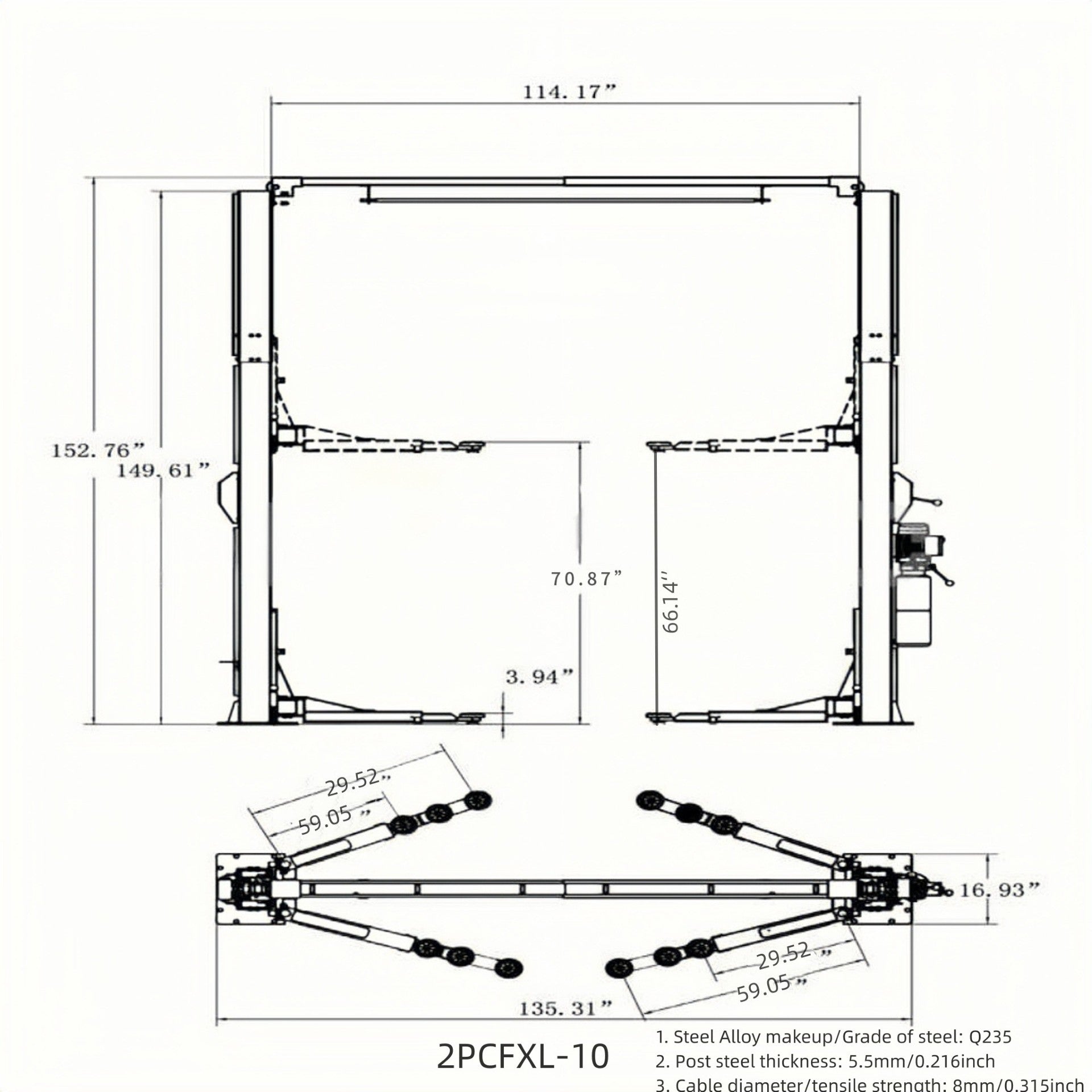 Model: Olympic 2PCFXL-10 / 10,000‐lb. / Symmetric Clear floor / Single Point Lock Release / 3-Stage Arms / 3-Stage Foot Pads / 153″ H X 135″ W 10-Year Warranty / SHIPS FREE!