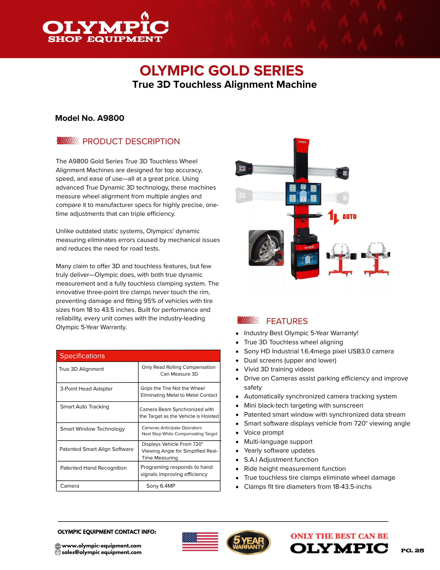 Model: A9800 / The Olympic A9800 Gold Series True 3D Touchless Alignment Machine / Dual Screen / Power Lift / Touchless Wheel Clamp / Patented Smart Window / 5-Year Warranty