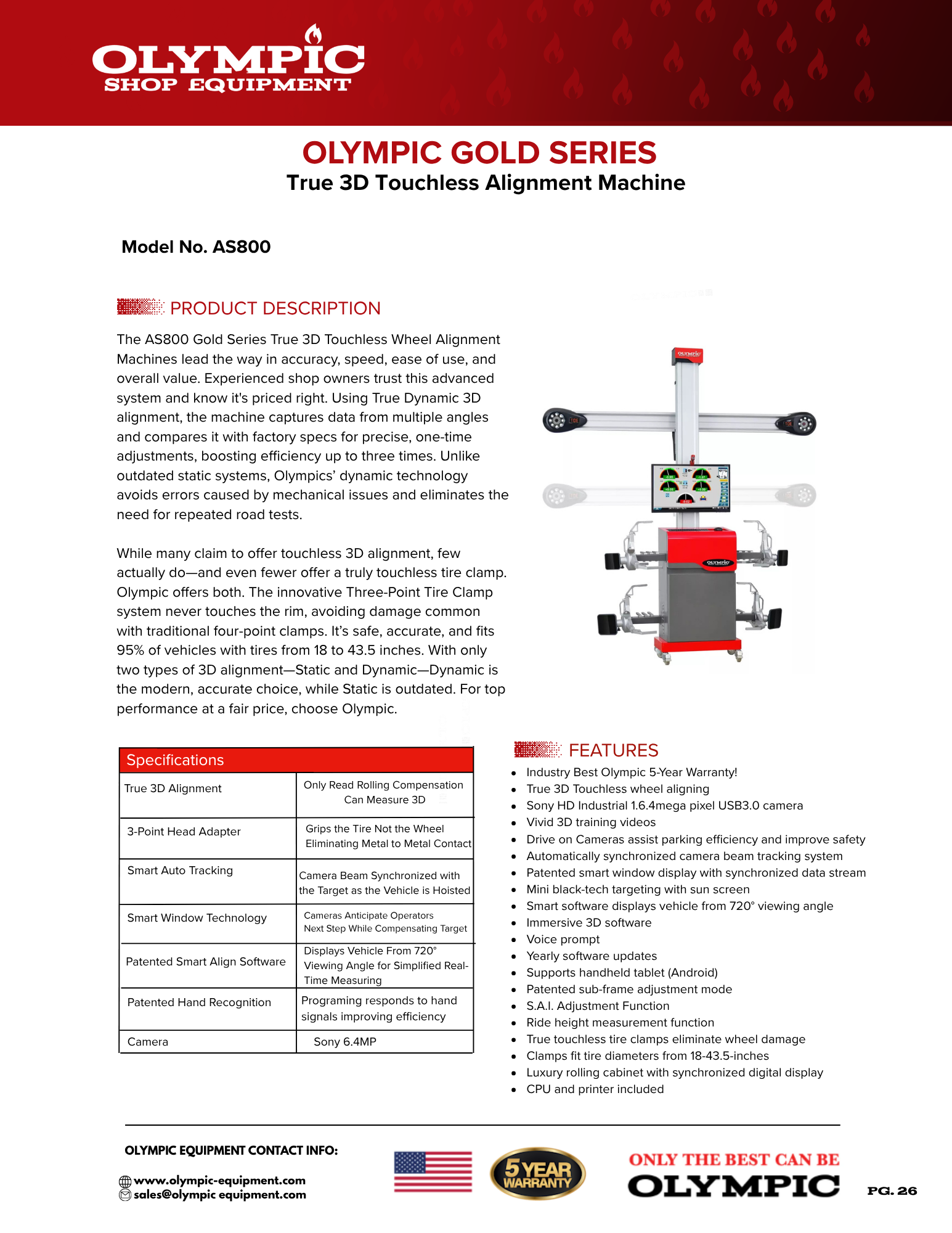 Model: AS800 / The Olympic AS800 Gold Series True 3D Touchless Alignment Machine / Rolling Cart with Screen / Touchless Wheel Clamp / Patented Smart Window / 5-Year Warranty