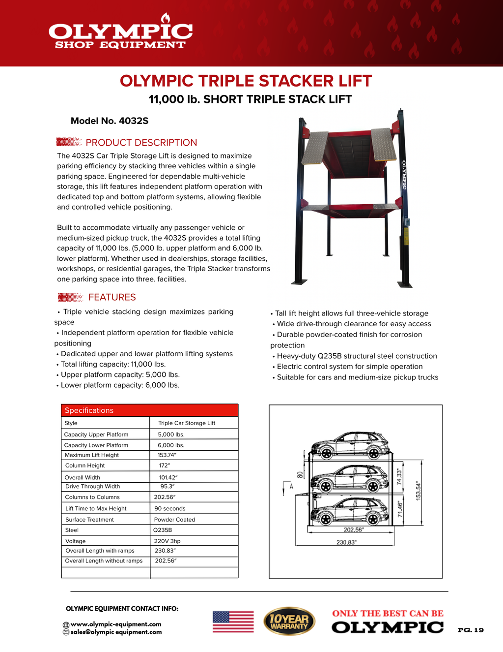 Olympic 4032S Three-Level 3-Car Storage Lift - Dual-Capacity 5,000 / 6,000 lb. Platforms | Standard Size | 10-Year Warranty | Free Shipping