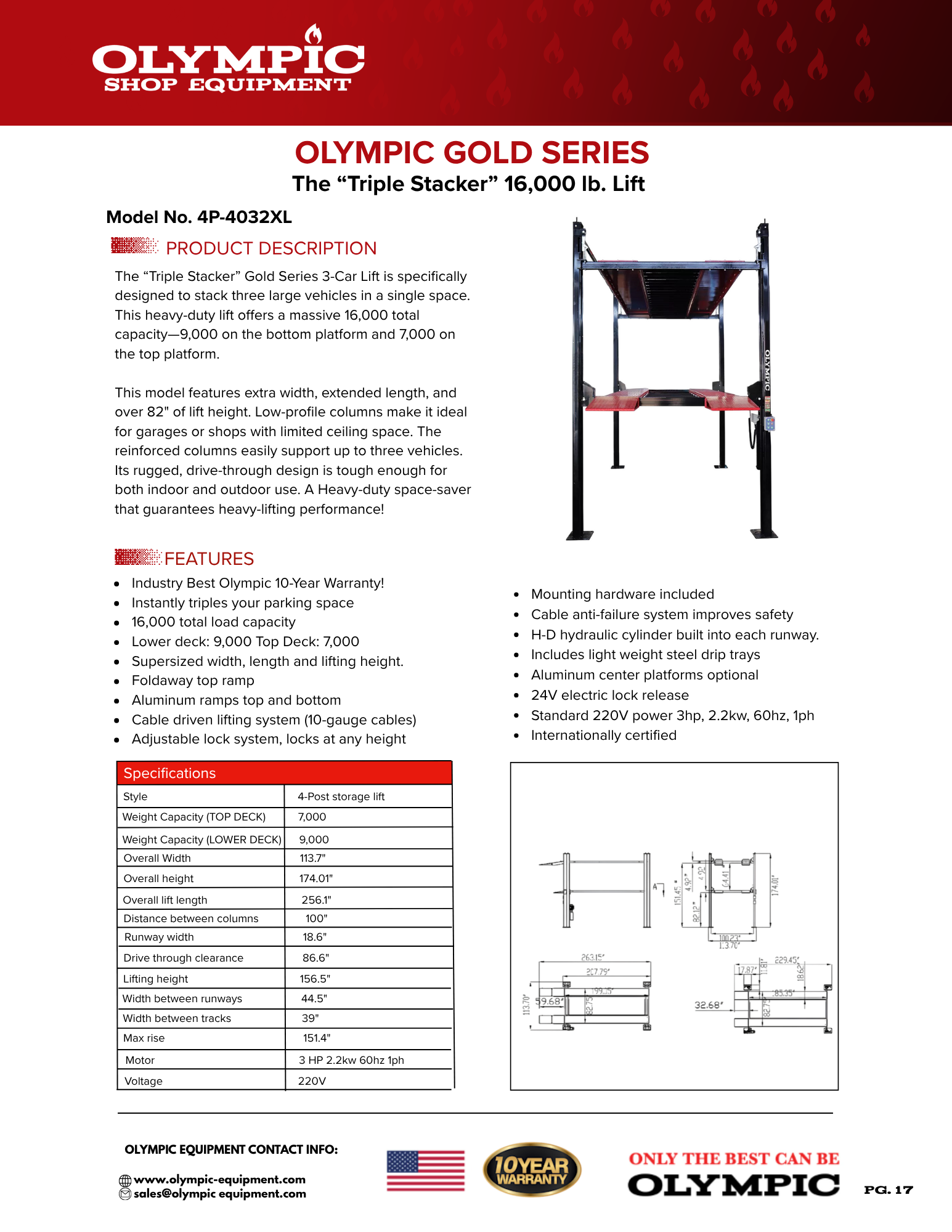 Model: 4P-4032XL / Gold Series Three Level 3-Car Stacking Lift / 9,000 and 7,000 Lb. Capacity / Extended Length, Width & Height / 10-Year Warranty / 256″ L X 114″ W