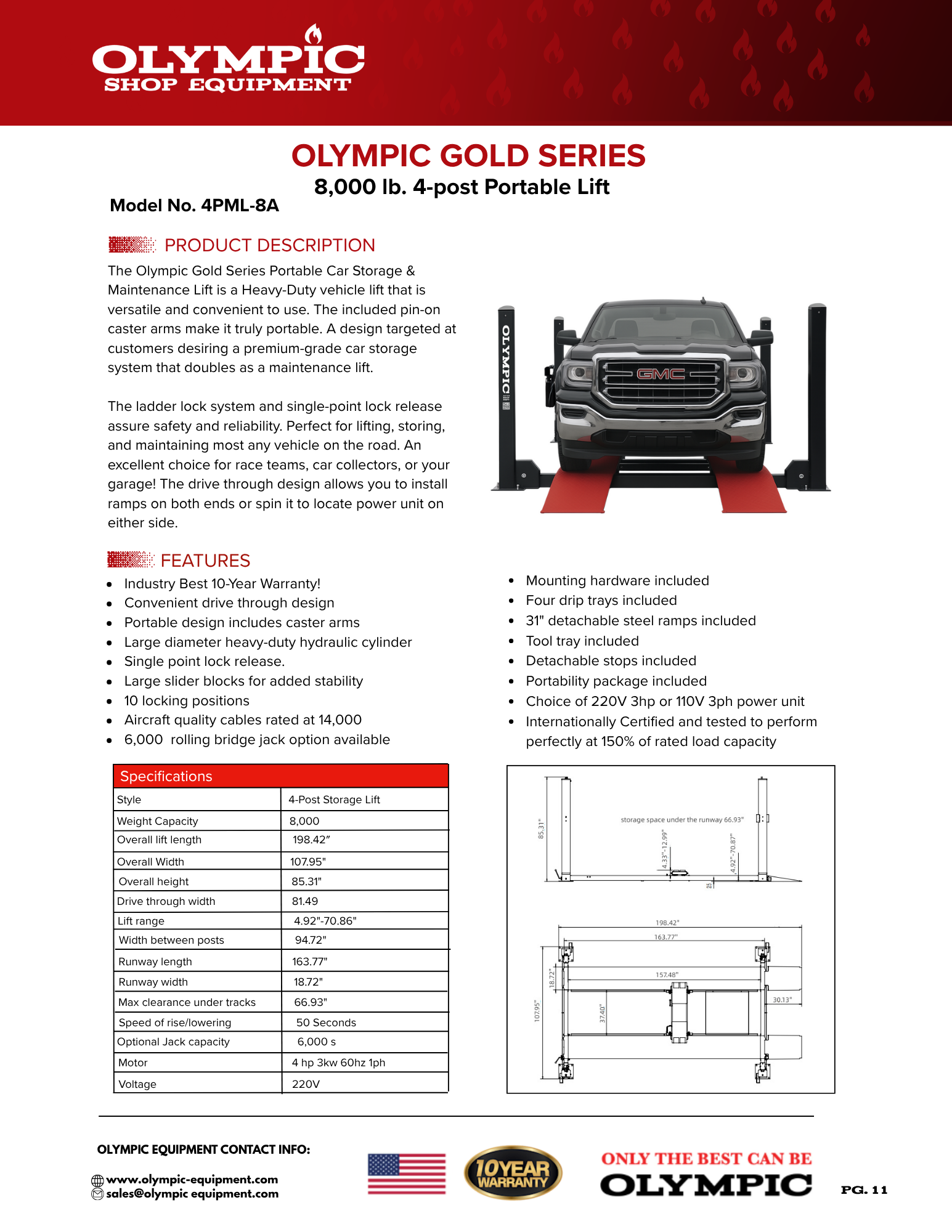Model: 4PML-8A / 8,000 lb. Gold Series Portable Vehicle Storage Lift / Caster Arms / Drip Trays / Tool Tray / 10-Year Warranty / 108″ W X 198″ L