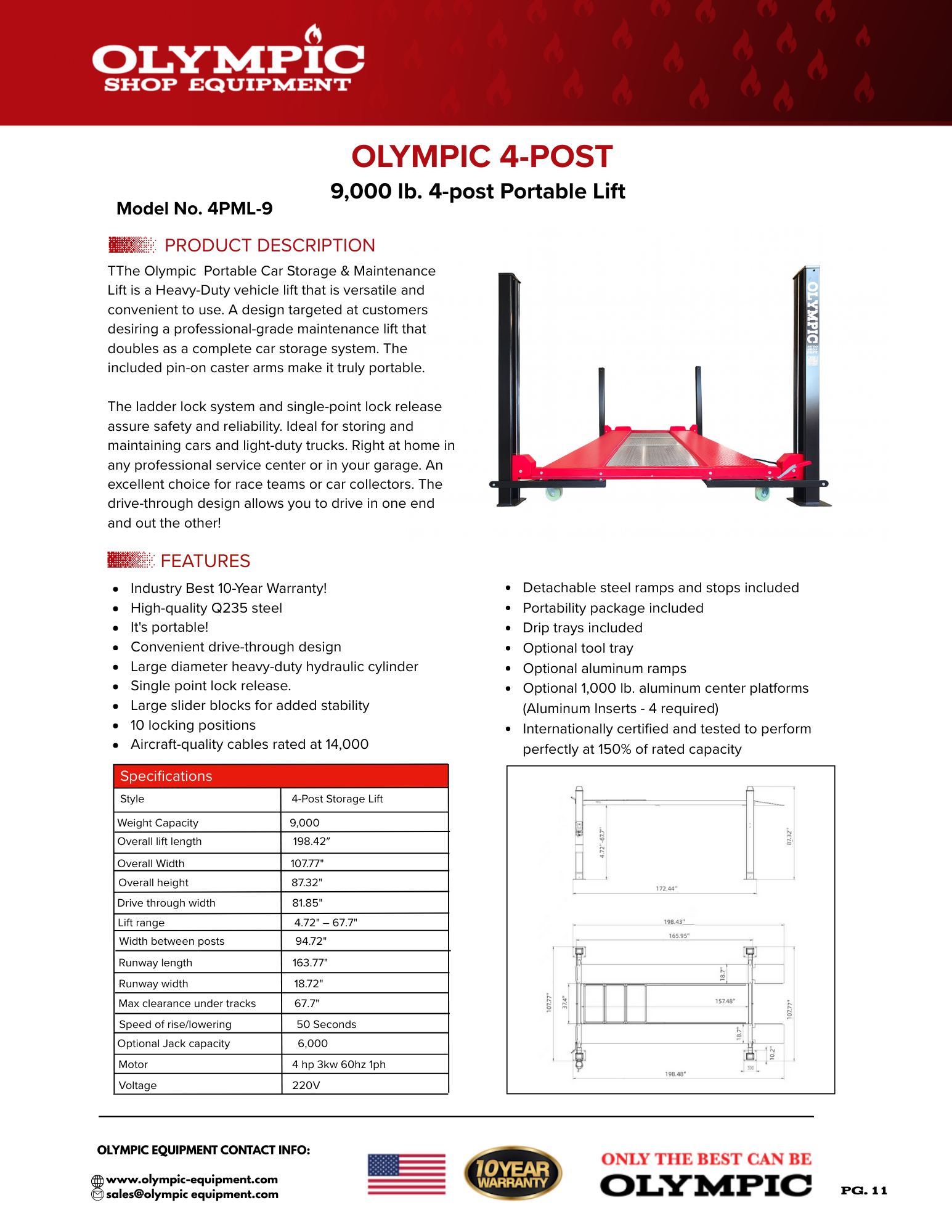 Model: Olympic 4PML-9 / 9,000 lb. Portable Maintenance & Storage Lift / 108″ W X 198″ L / 10-Year Warranty / SHIPS FREE!