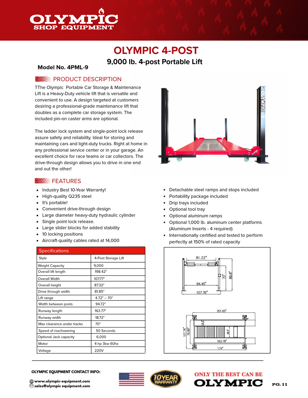Olympic 4PML-9 9,000 lb Portable Car Storage & Maintenance Lift – 108″ W x 198″ L