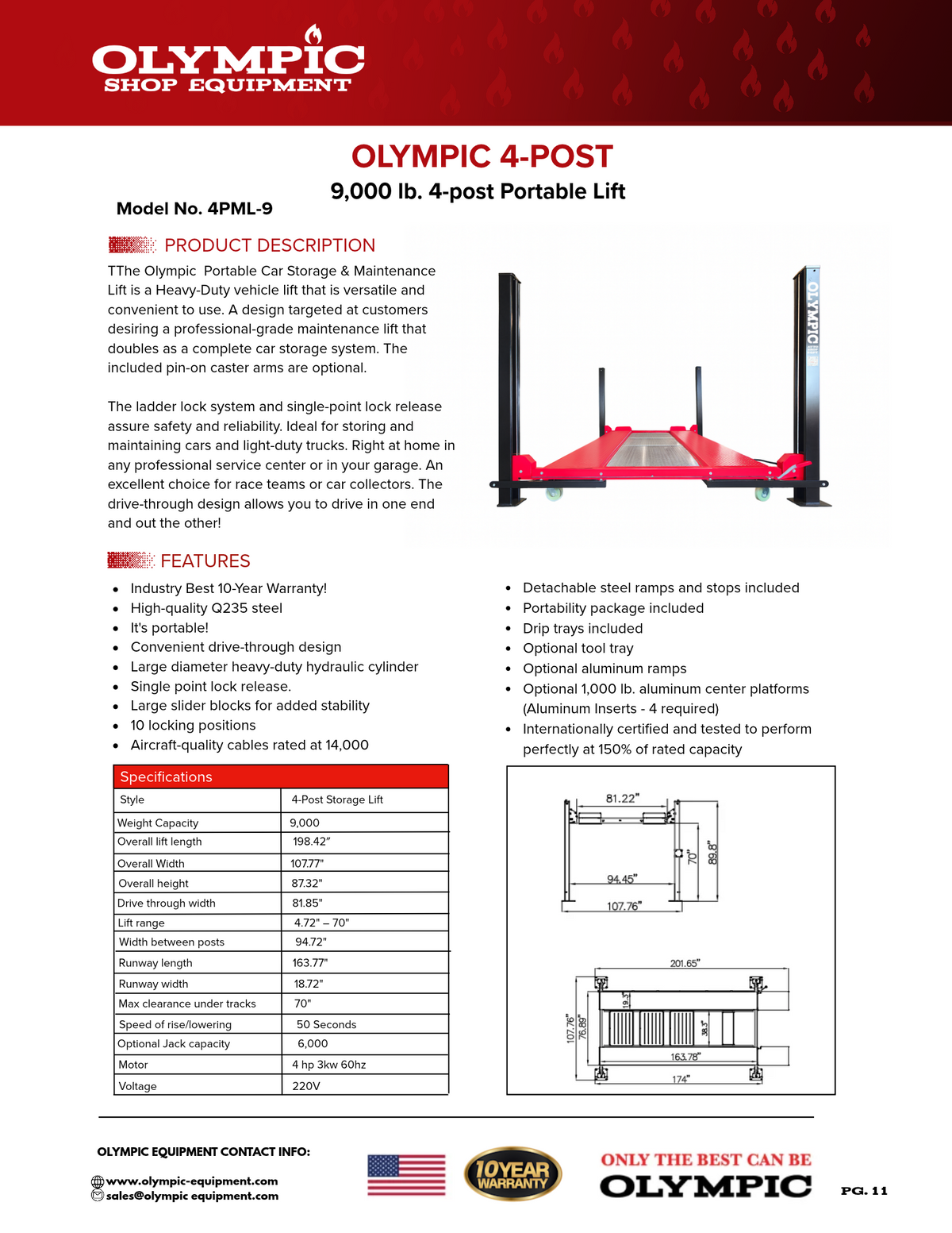 Olympic 4PML-9 9,000 lb Portable Car Storage & Maintenance Lift – 108″ W x 198″ L
