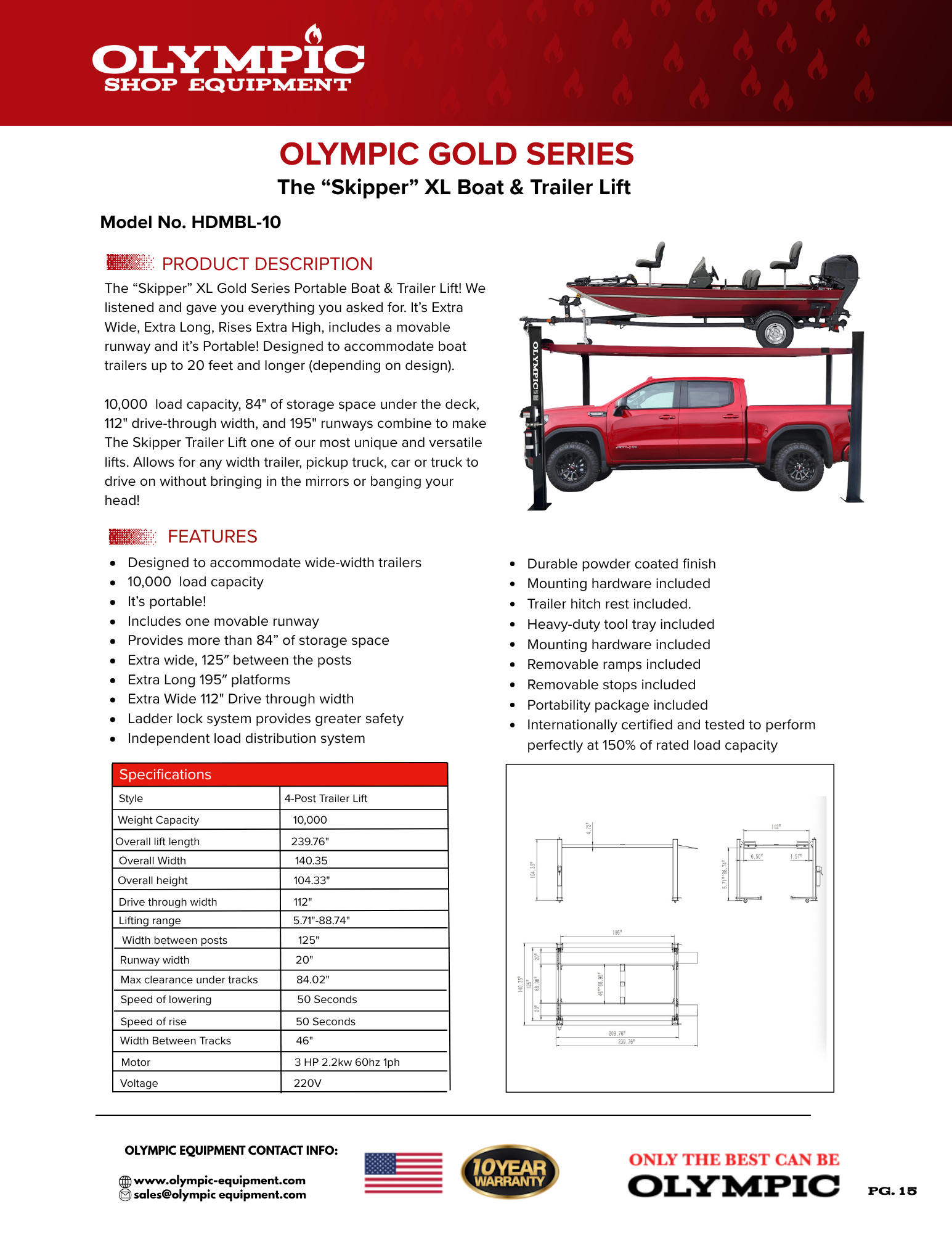 Model: HDMBL-10 "The Skipper" Gold Series Boat & Trailer Storage Lift / Portable / Extra Wide / Adjustable Width Runway / Sliding Hitch Wheel Rest / 10-Year Warranty / 84″ Storage Space / 125″ Between Posts / 195″ Platform Length