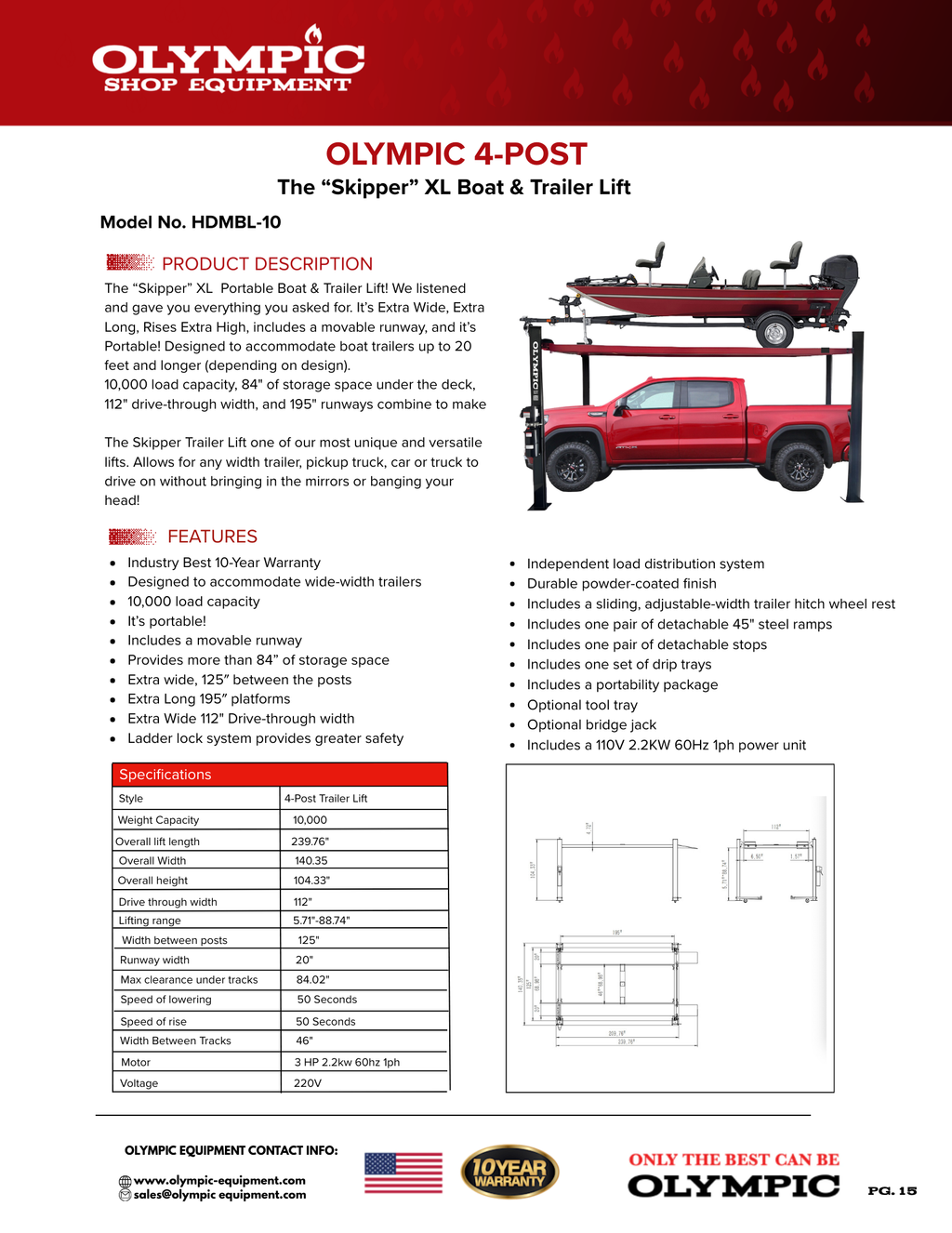 Model: Olympic HDMBL-10 "The Skipper" Portable Boat & Trailer Storage Lift / Extra Wide / Extra Long / Adjustable Width Runway / Sliding Hitch Wheel Rest / 84″ Storage Space / 125″ Between Posts / 195″ Platform Length / 10 Year Warranty / SHIPS FREE!