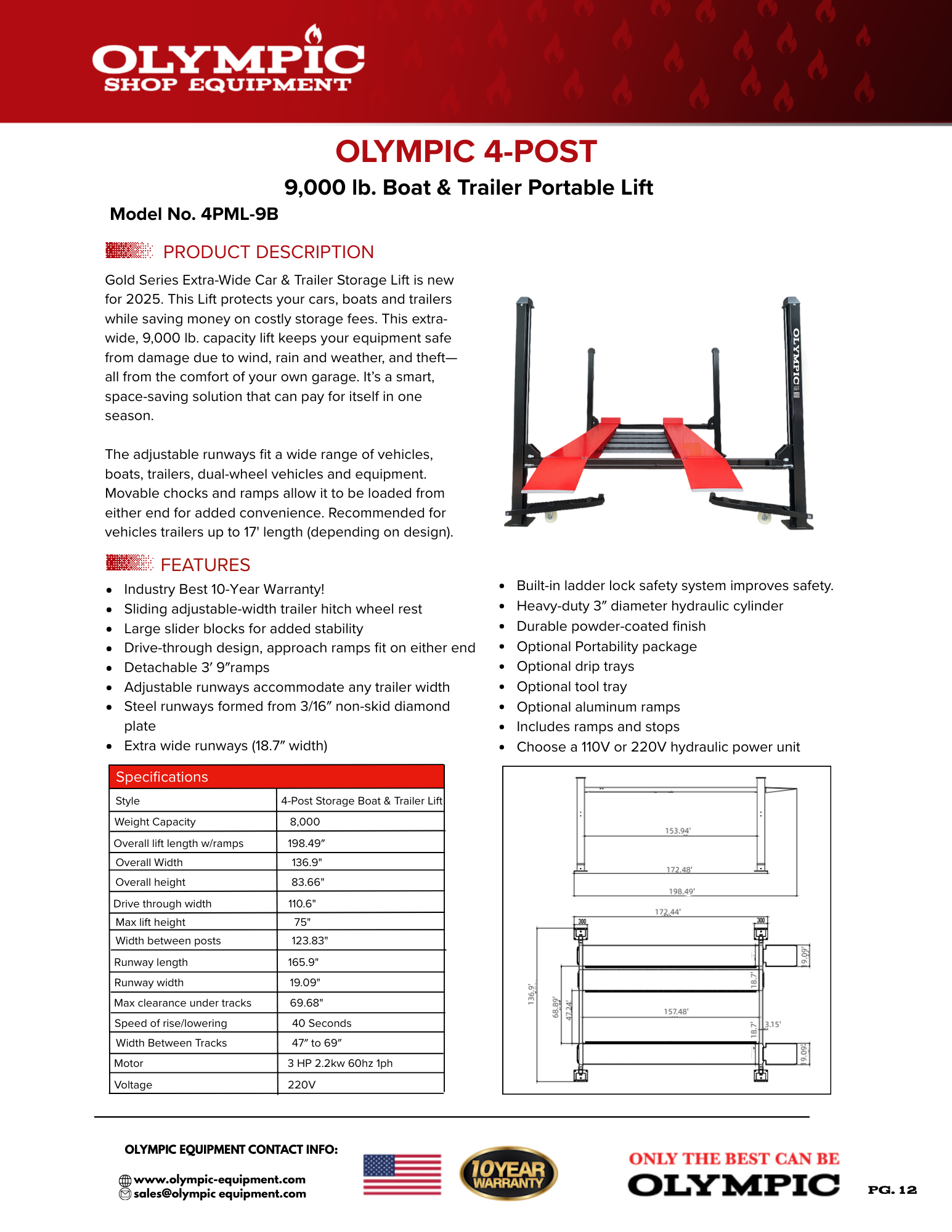 Model: Olympic 4PML-9B / 9,000 lb. Extra-Wide Car & Trailer Storage Lift / Portable / Adjustable Width Runway / 10-Year Warranty / 137″ W X 199″ L / SHIPS FREE!