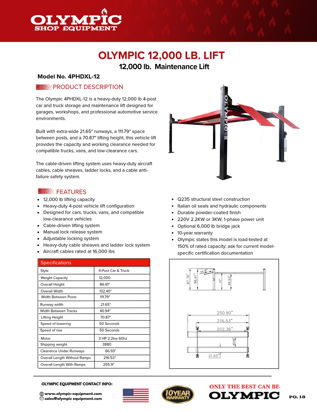 Olympic 4PHDXL-12 12,000 lb Heavy-Duty 4-Post Car & Truck Storage Lift – Extra-Wide Maintenance Lift