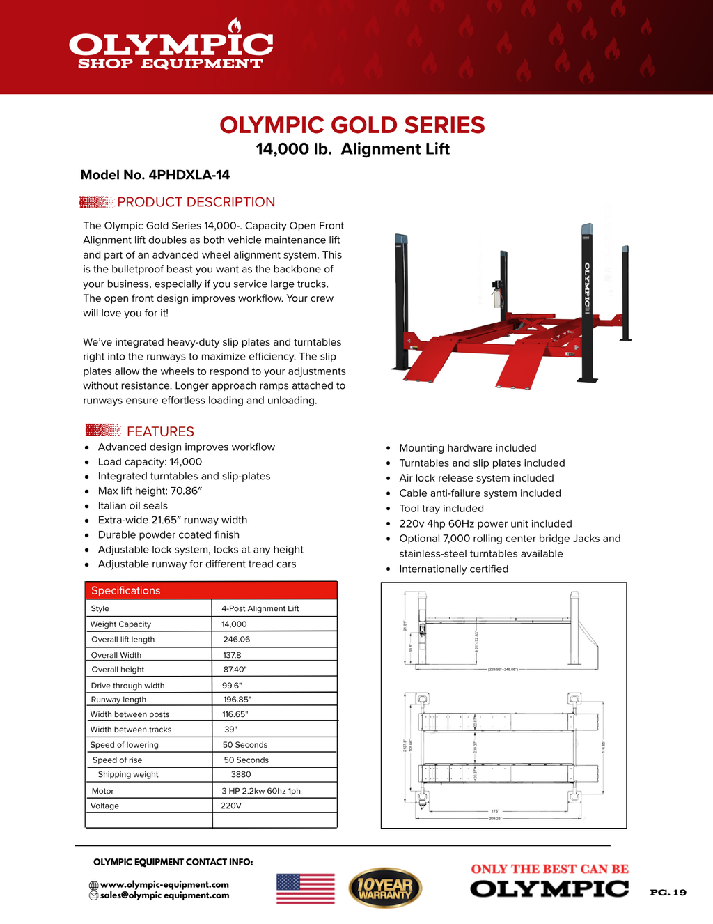 Model: 4PHDXLA-14 / Gold Series Alignment Lift / 14,000-lb. Capacity Car & Truck Maintenance / Adjustable Runway / Turntables / Slip Plates / 10-Year Warranty / 138″ W X 246″ L
