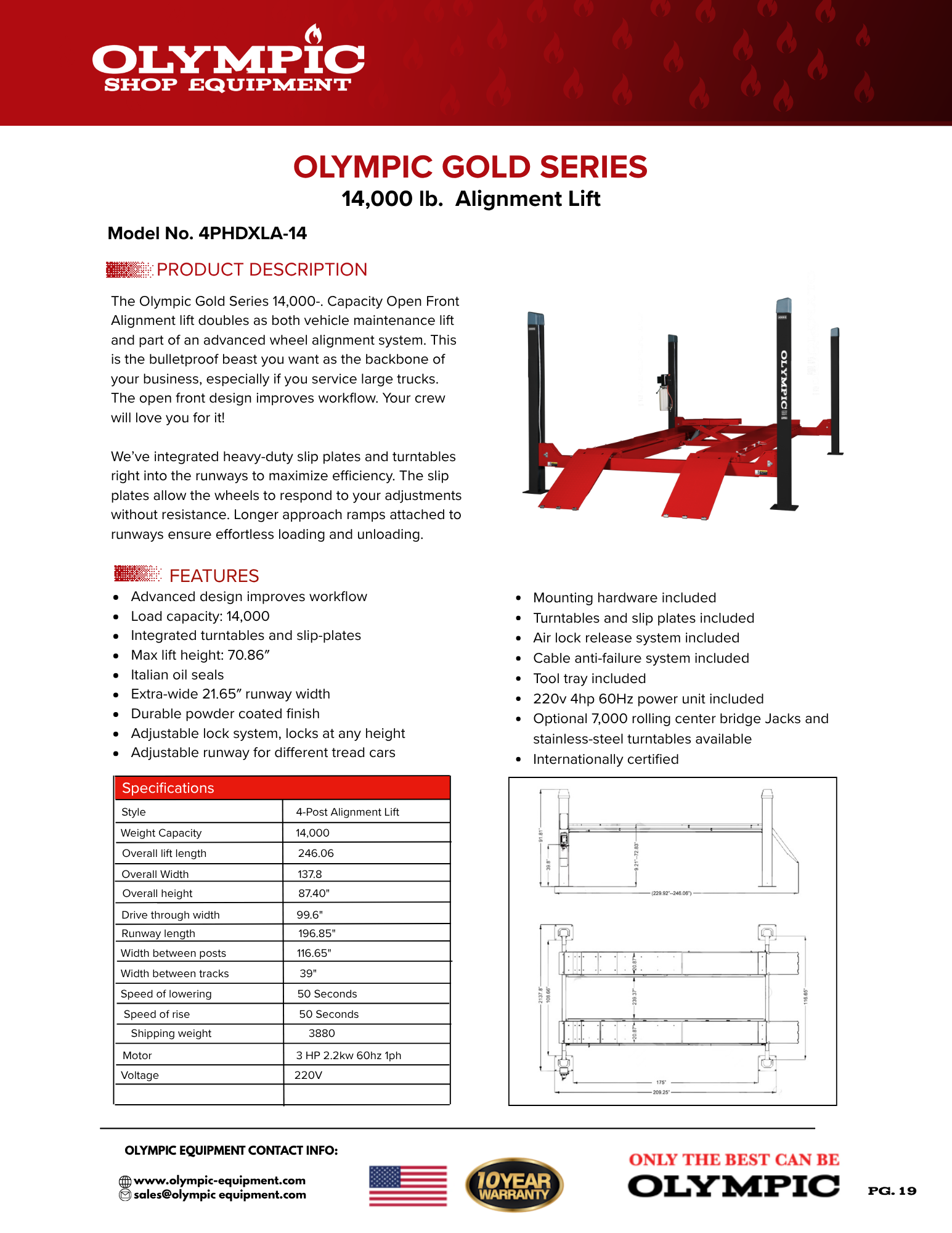 Model: 4PHDXLA-14 / Gold Series Alignment Lift / 14,000-lb. Capacity Car & Truck Maintenance / Adjustable Runway / Turntables / Slip Plates / 10-Year Warranty / 138″ W X 246″ L