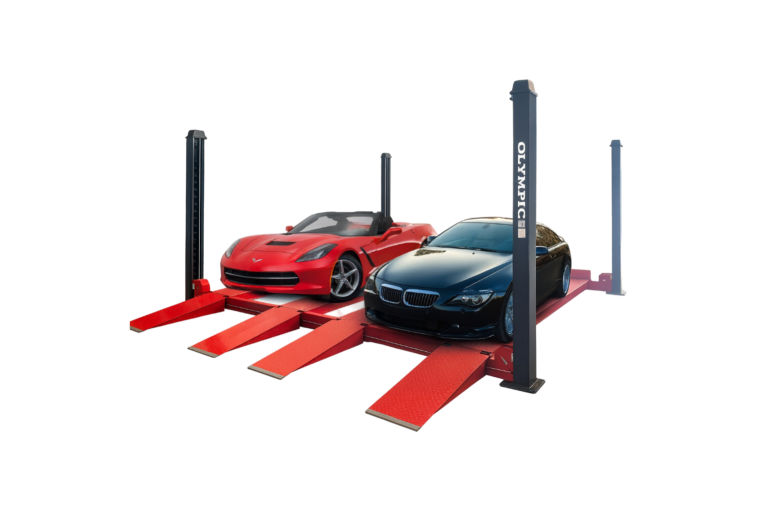Model: Olympic 4PXW-10 / 10,000-lb. Capacity Two Car Stacker Lift / Four Car Storage Capacity / 78″ Clearance / Drip Trays / 208″ W X 224″ L / 10-Year Warranty / SHIPS FREE!