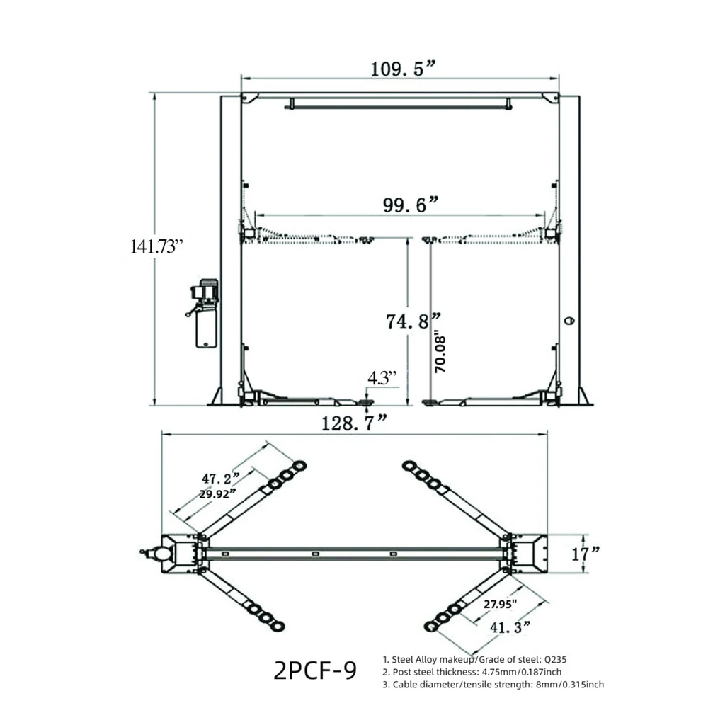 Olympic 2PCF-9 9,000 lb 2-Post Clear Floor Car Lift – Symmetric Arms, 2-Stage Adapters, 10-Year Warranty