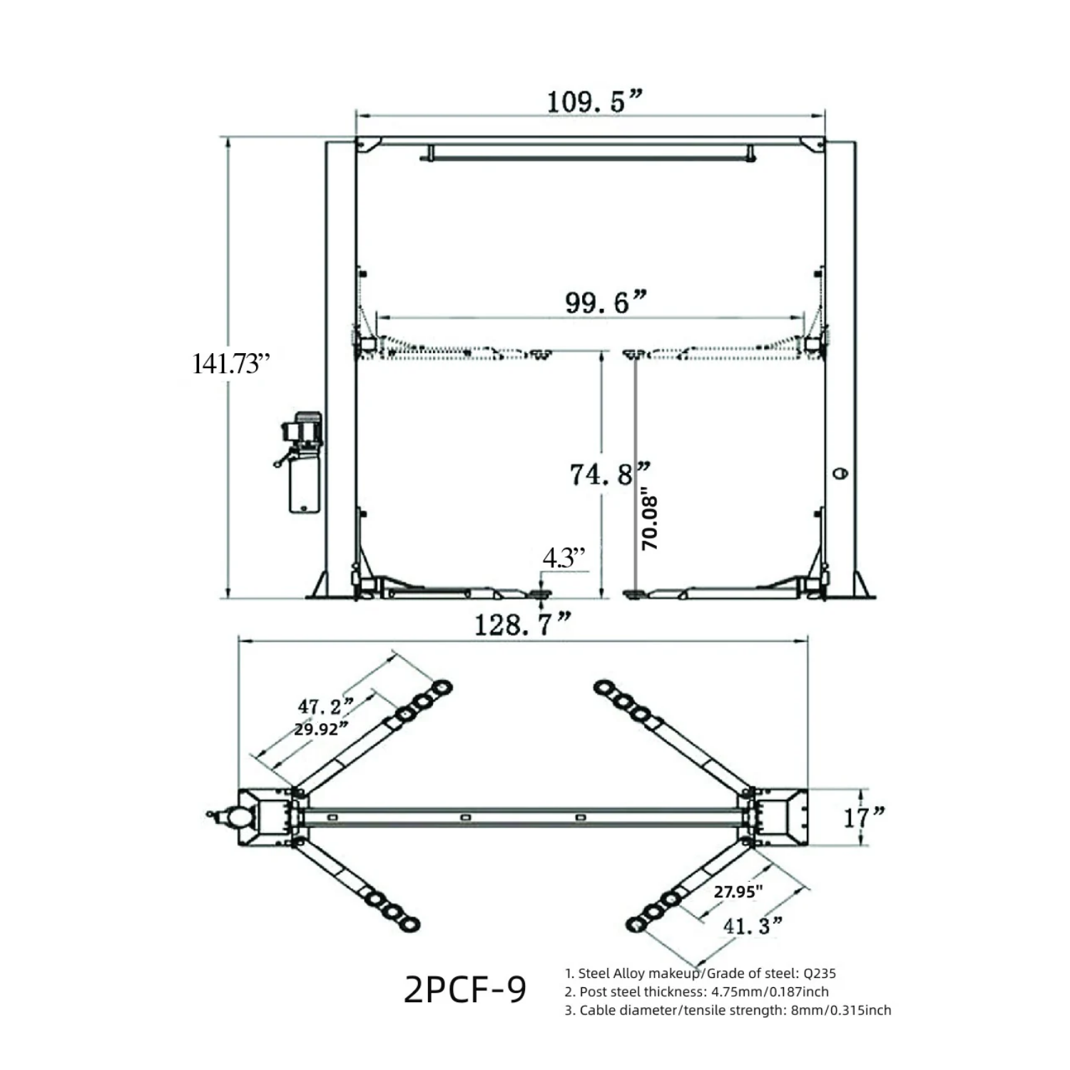 Model: Olympic 2PCF-9 / 9,000‐lb. / Symmetric Post Clear floor / Dual Point Lock Release / 2-Stage Arms / 2-Stage Foot Pads / 142″ H X 129″ W / 10-Year Warranty / SHIPS FREE!