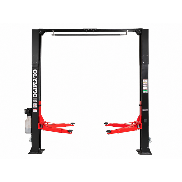 Model: Olympic 2PCF-9 / 9,000‐lb. / Symmetric Post Clear floor / Dual Point Lock Release / 2-Stage Arms / 2-Stage Foot Pads / 142″ H X 129″ W / 10-Year Warranty / SHIPS FREE!