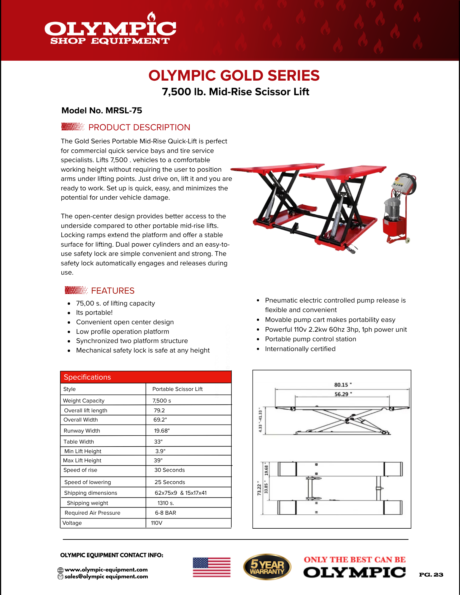 Model: MRSL-75 / 7,500 Gold Series Portable Mid-Rise Scissor Lift / Dual Cylinders / Pneumatic Lock Release / 7-Year Warranty