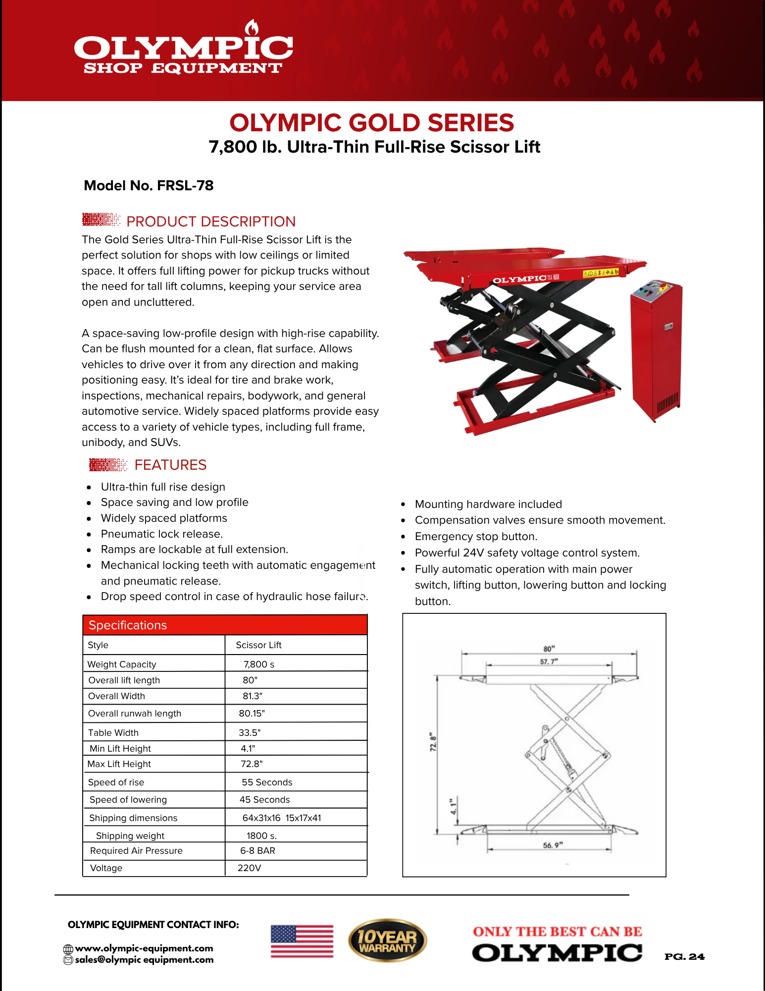Model: FRSL-78 / Gold Series Ultra-Thin Full-Rise Scissor Lift / 7,800 Lb. Capacity / 7-Year Warranty