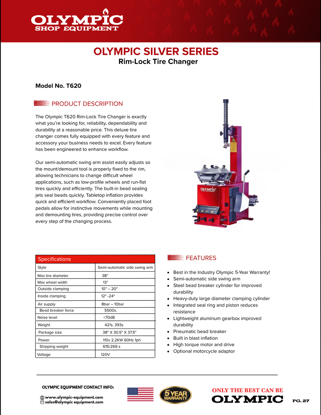 Model: T620 / The Olympic T620 Rim-Lock Tire Changer / Semi-Automatic Side Swing Arm Assist Tire Machine / 5-Year Warranty