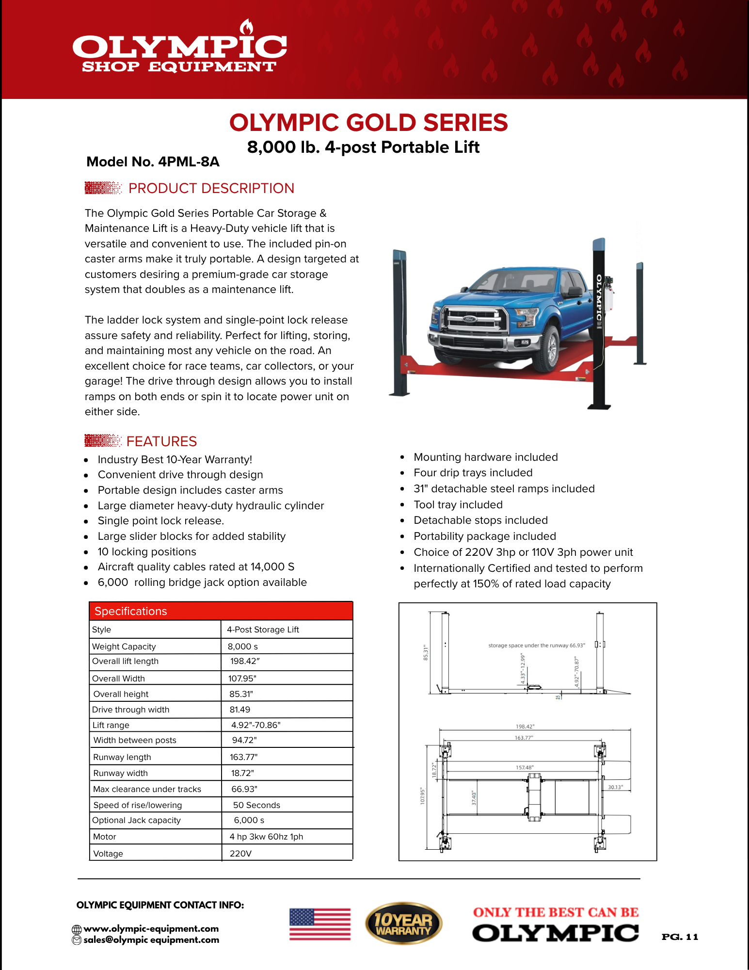 Model: 4PML-8A / 8,000 lb. Gold Series Portable Vehicle Storage Lift / Caster Arms / Drip Trays / Tool Tray / 10-Year Warranty / 108″ W X 198″ L
