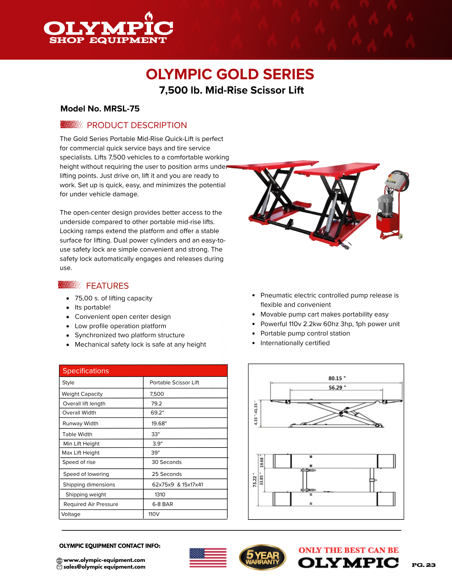 Model: MRSL-75 / 7,500 Gold Series Portable Mid-Rise Scissor Lift / Dual Cylinders / Pneumatic Lock Release / 7-Year Warranty