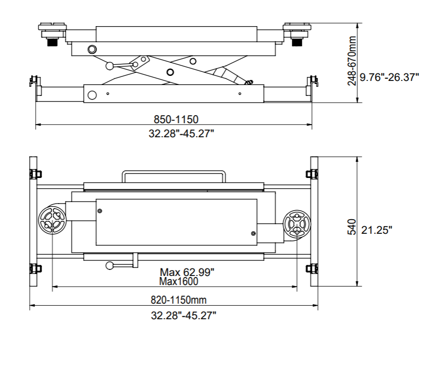 Model: JVCJ-6 / 6,000 lb. Center Bridge Jack For 4-Post Lifts / Manual Hydraulic Hand Pump Actuated / Adjustable Arms (Universal Fitment) / For Lifts with “J” Rails / 5-Year Warranty
