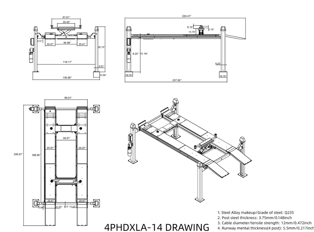 Model: Olympic 4PHDXLA-14 / Alignment Lift / 14,000-lb. Capacity Car & Truck Maintenance / Adjustable Runway / Turntables / Slip Plates / 138″ W X 246″ L 10-Year Warranty / SHIPS FREE!